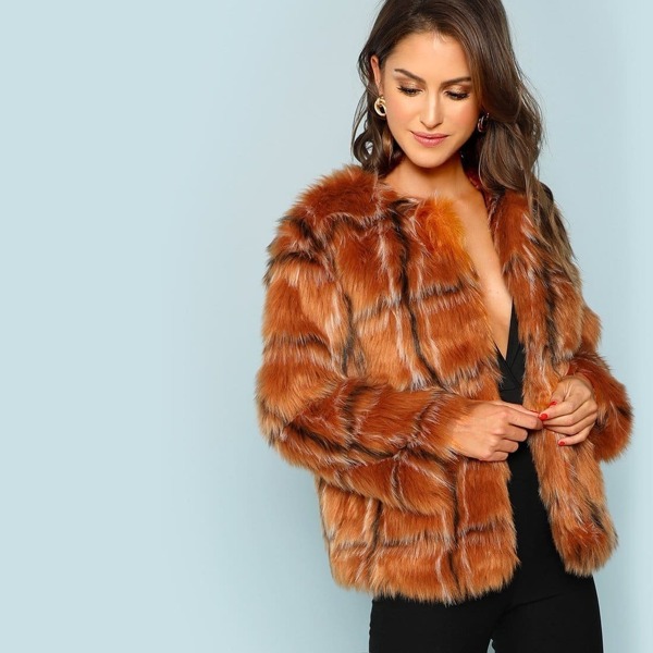 

Open Front Faux Fur Coat, Brown