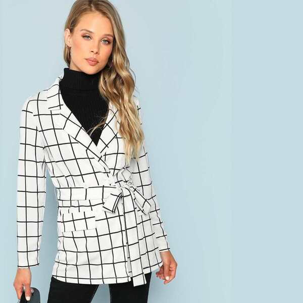 

Self Belted Grid Print Notched Coat