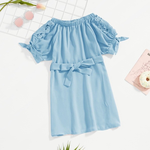 

Girls Lace Applique Knot Cuff Bardot Dress