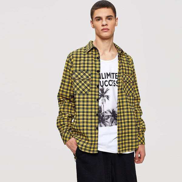 

Men Pocket Patched Plaid Print Shirt