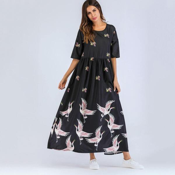 

Crane & Flower Print Maxi Smock Dress, Black
