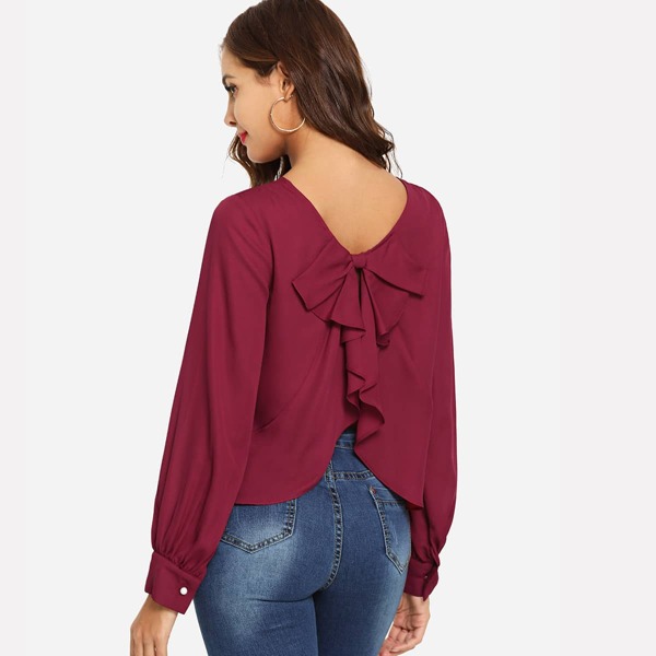

Bow Decor Back Gathered Neck Blouse