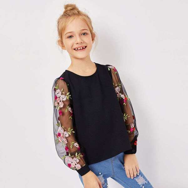 

Girls Mesh Floral Embroidered Keyhole Back Top