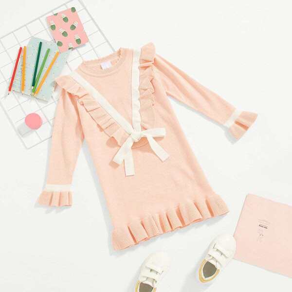 

Toddler Girls Knot Detail Ruffle Hem Sweater Dress, Pink