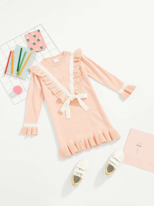 

Toddler Girls Knot Detail Ruffle Hem Sweater Dress, Pink