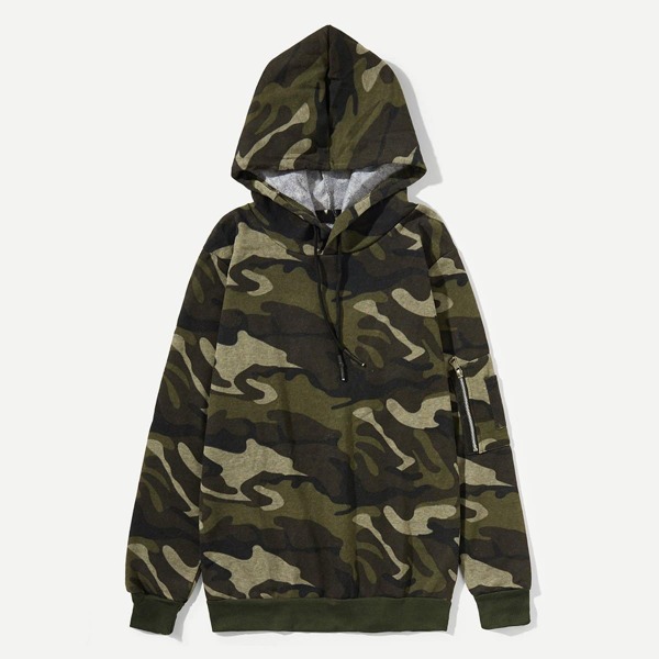 

Men Zip Decoration Camo Hooded Sweatshirt, Multicolor