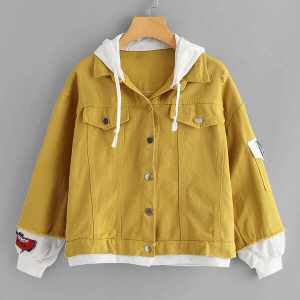 

Contrast Sleeve Patched Hooded Denim Jacket