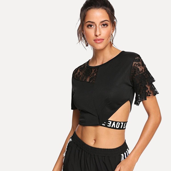 

Mesh Contrast Letter Print Crop Tee