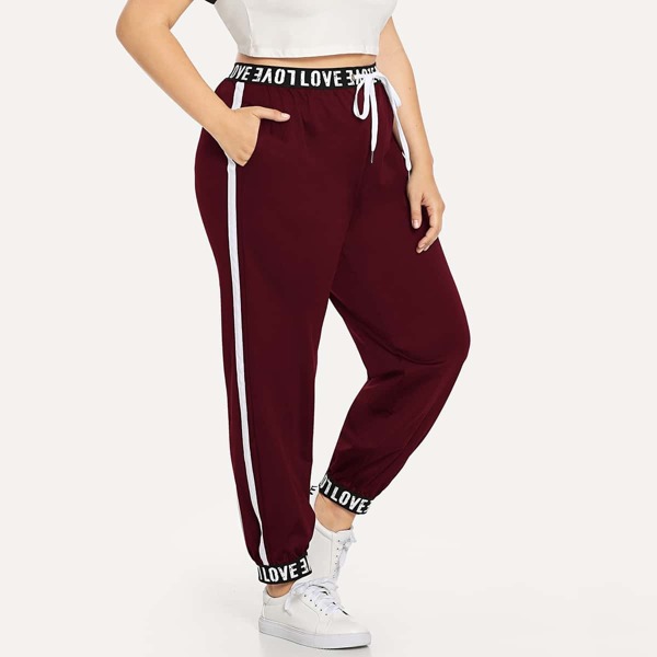 

Plus Letter Tape Trim Side Striped Sweatpants, Burgundy