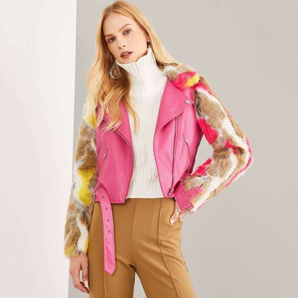 

Neon Pink Zip Front Belted Soft Faux Fur Contrast Jacket