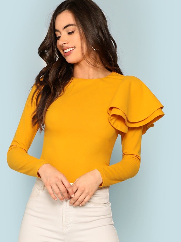 

One Shoulder Tiered Ruffle Tee, Yellow, Kelli S.