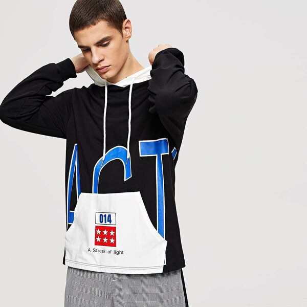 

Men Mixed Print Drawstring Hoodie Sweatshirt, Black and white