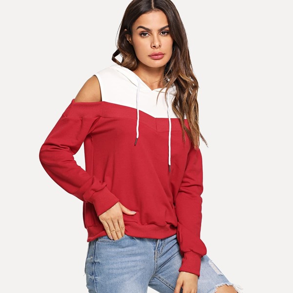

Contrast Panel Cold Shoulder Drawstring Hoodie, Red