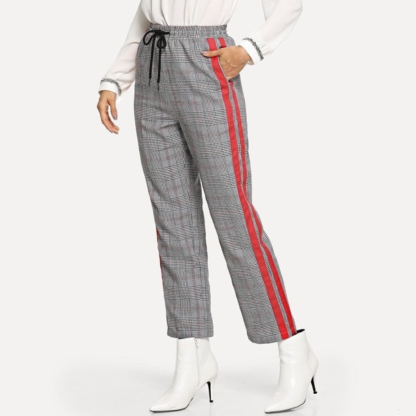 

Drawstring Waist Contrast Tape Side Plaid Pants