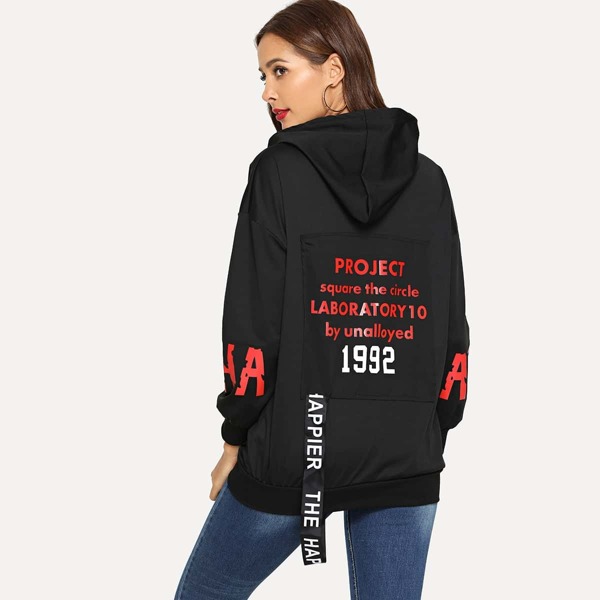 

Letter Print And Ribbon Hooded Sweatshirt