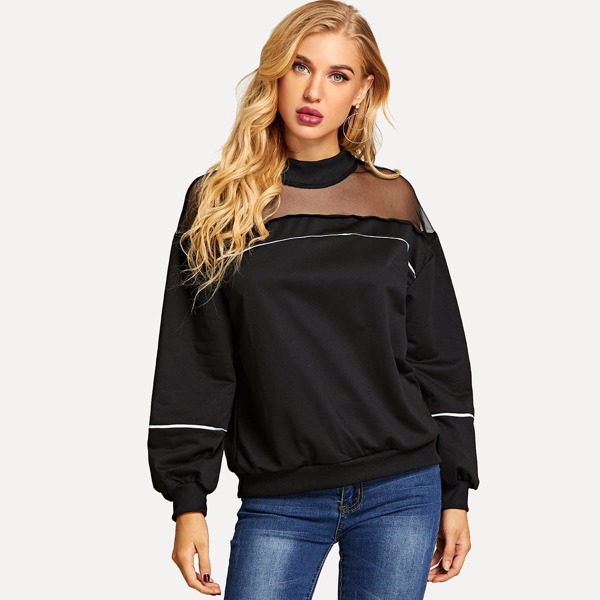 

Solid Contrast Mesh Sweatshirt