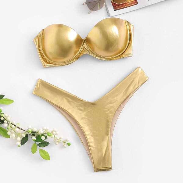 

Metallic Underwire Bandeau With High Leg Bikini, Gold