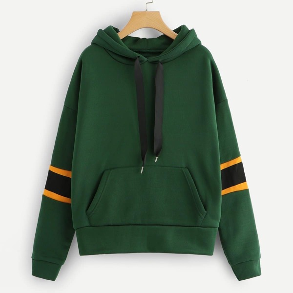 

Striped Sleeve Kangaroo Pocket Hoodie, Green