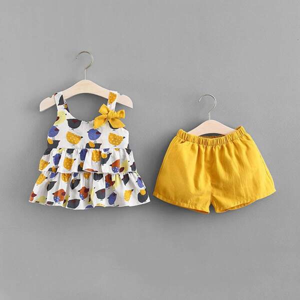 

Toddler Girls Bow Detail Cartoon Graphic Top With Shorts, Multicolor