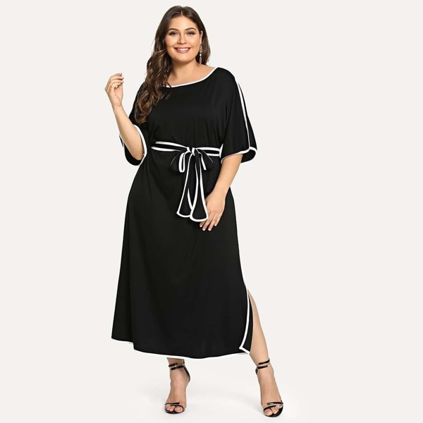 

Plus Contrast Trim Split Dress, Black
