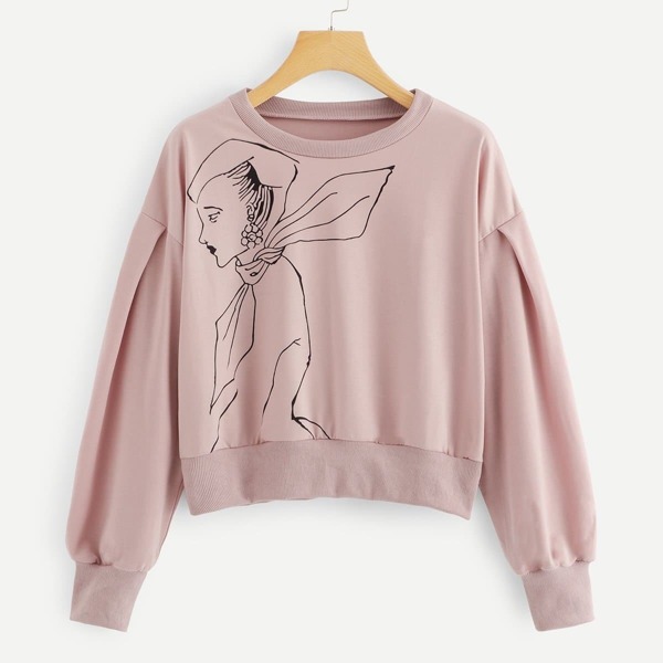 

Drop Shoulder Figure Print Sweatshirt, Pink