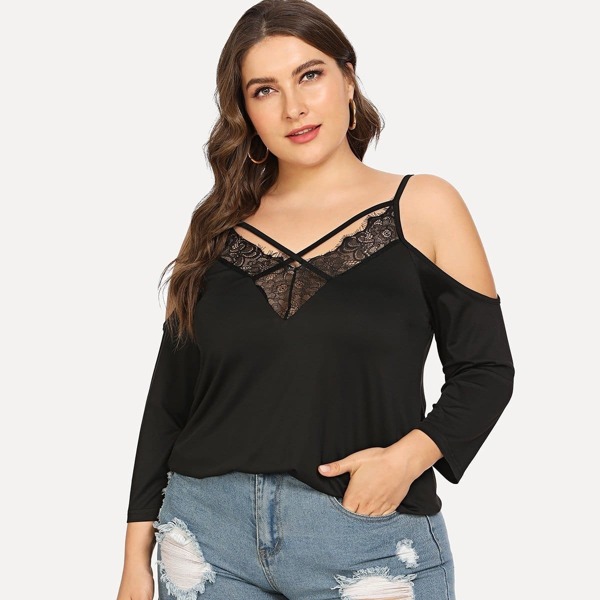 

Plus Contrast Lace Cold Shoulder Tee, Black