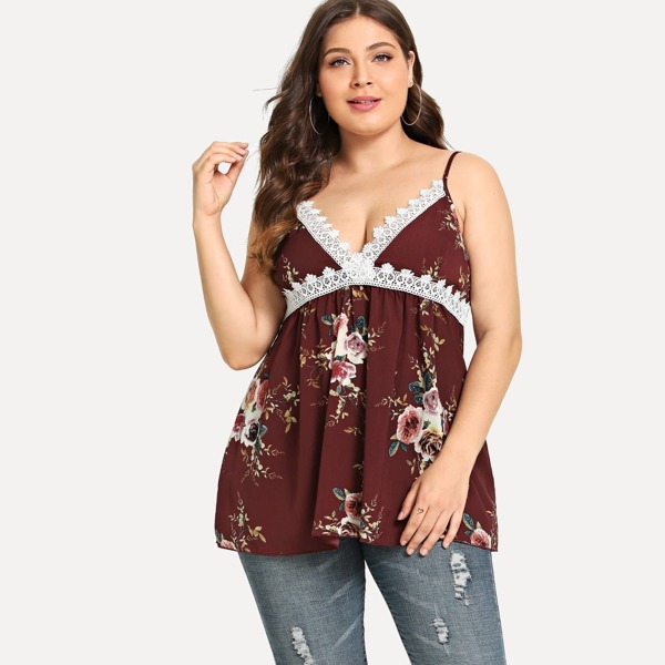 

Plus Lace Trim Floral Cami Top, Burgundy