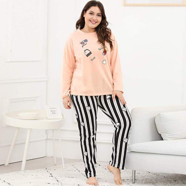 

Plus Cartoon Print Striped Pajama Set