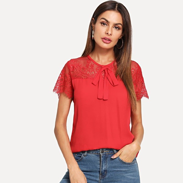 Tie Neck Lace Yoke Top