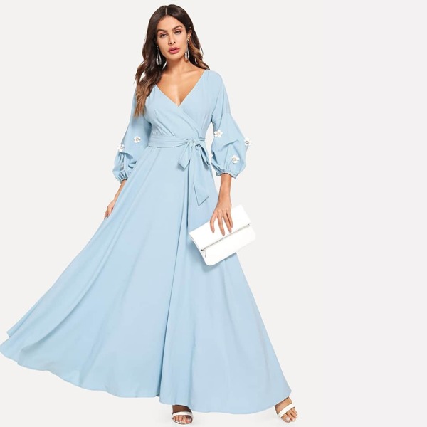 

3D Applique Gathered Sleeve Surplice Wrap Dress