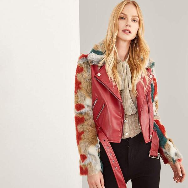

Zip Front Belted Soft Faux Fur Contrast Jacket, Burgundy