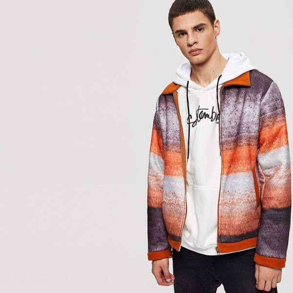 Men Zip Up Collar Jacket, Multicolor