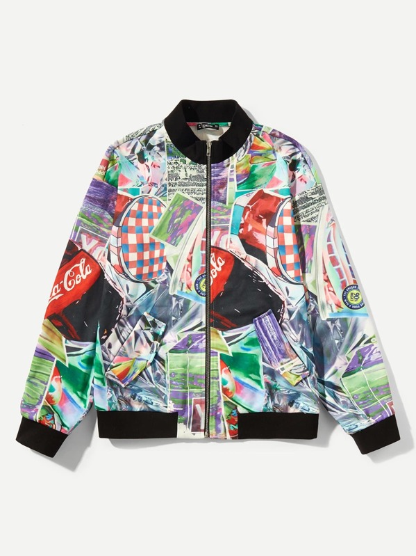 

Мужская смешанная печать Zip Up Bomber Jacket, null
