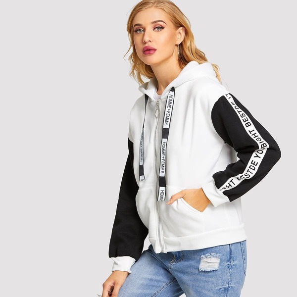 Letter Ribbon Zip Up Hooded Jacket, Black and white