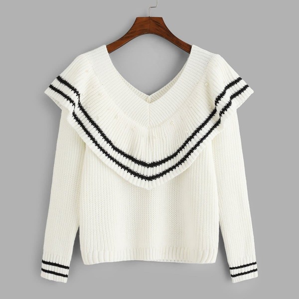 

Double V Neck Striped Ruffle Sweater