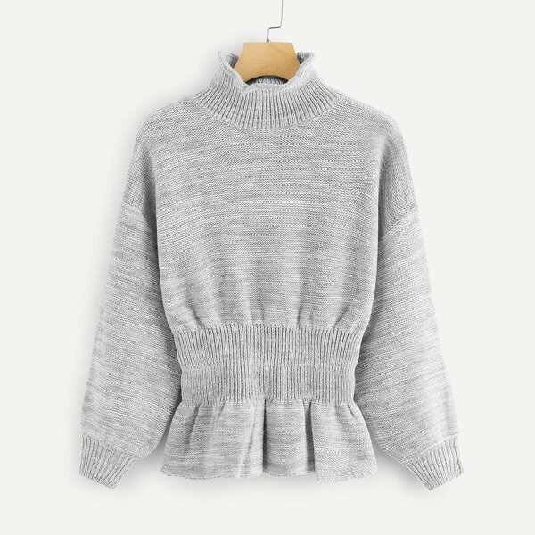Drop Shoulder Marled Peplum Sweater, Grey