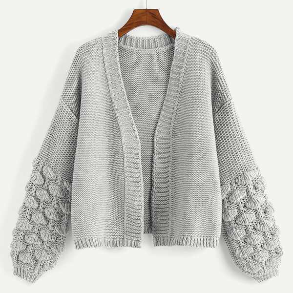 

Crochet Bishop Sleeve Cardigan, Grey