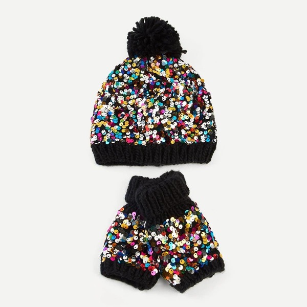 

Sequin Knit Hat & Gloves Set 3pcs, Multicolor