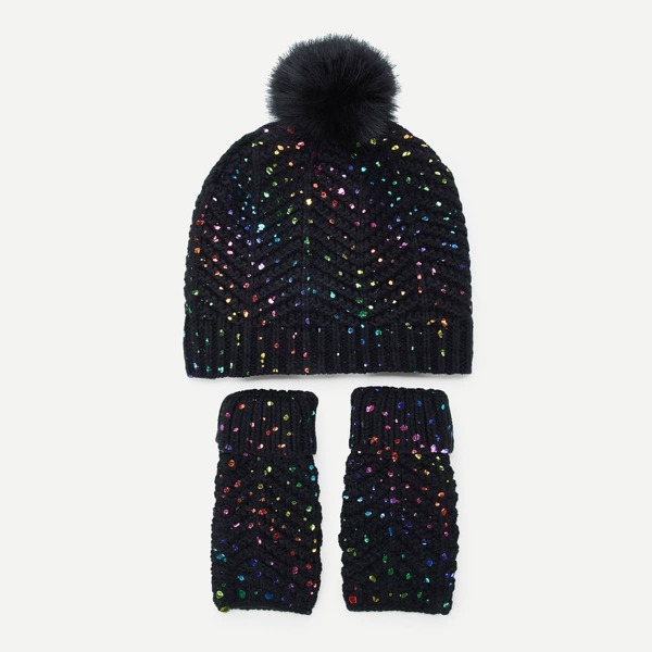 

Glitter Knit Hat & Gloves 3pcs