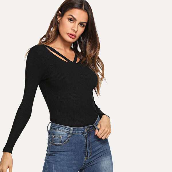 

Cut Out Neck Knit Sweater, Black