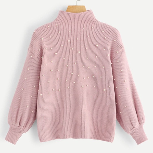 

Pearl Beaded Lantern Sleeve Ribbed Sweater