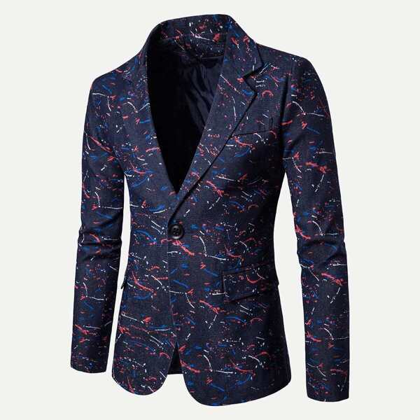 

Men Paint Splatter Single Button Blazer, Navy