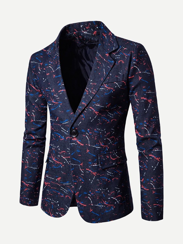 

Men Paint Splatter Single Button Blazer, Navy