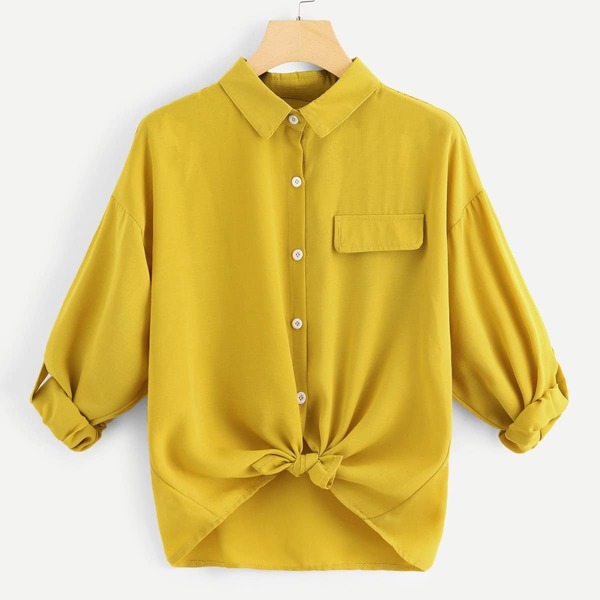 

Roll Tap Sleeve Knot Hem Shirt