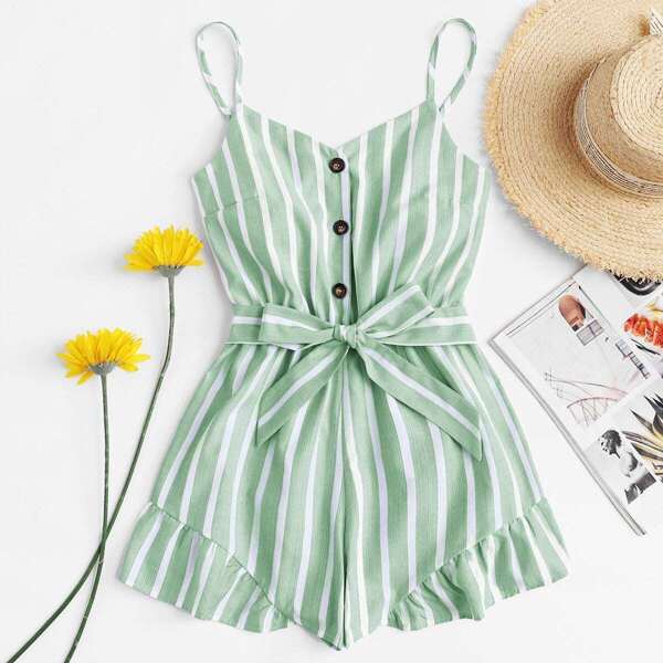 

Striped Button Front Tie Waist Romper