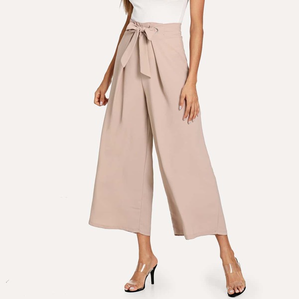 

Drawstring Waist Solid Wide Leg Pants, Nude