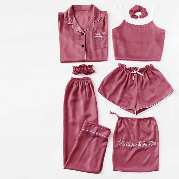 

7pcs Letter Embroidered Cami Pajama Set With Shirt