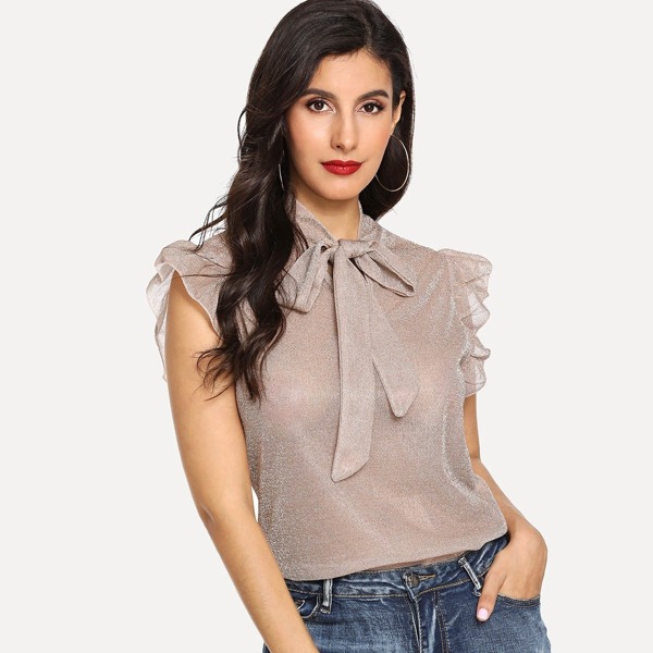 

Tie Neck Ruffle Semi Sheer Glitter Top
