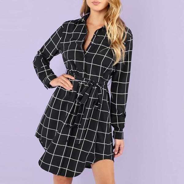 

Waist Knot Collar Plaid Dress