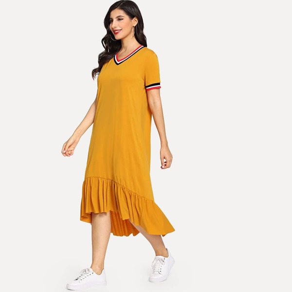 

Striped Trim Ruffle Hem Dress, Yellow